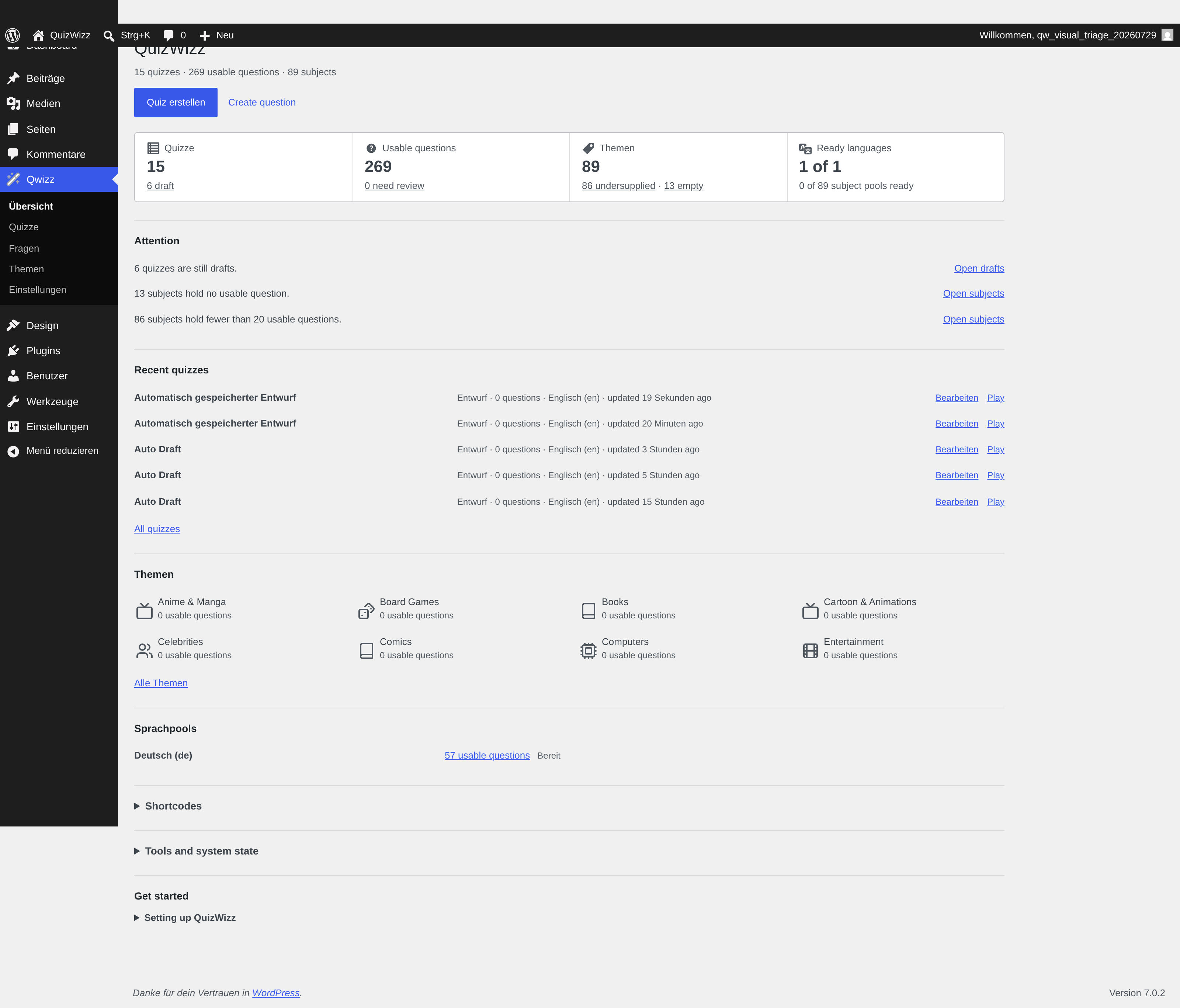 QuizWizz Dashboard navigation and native admin rail