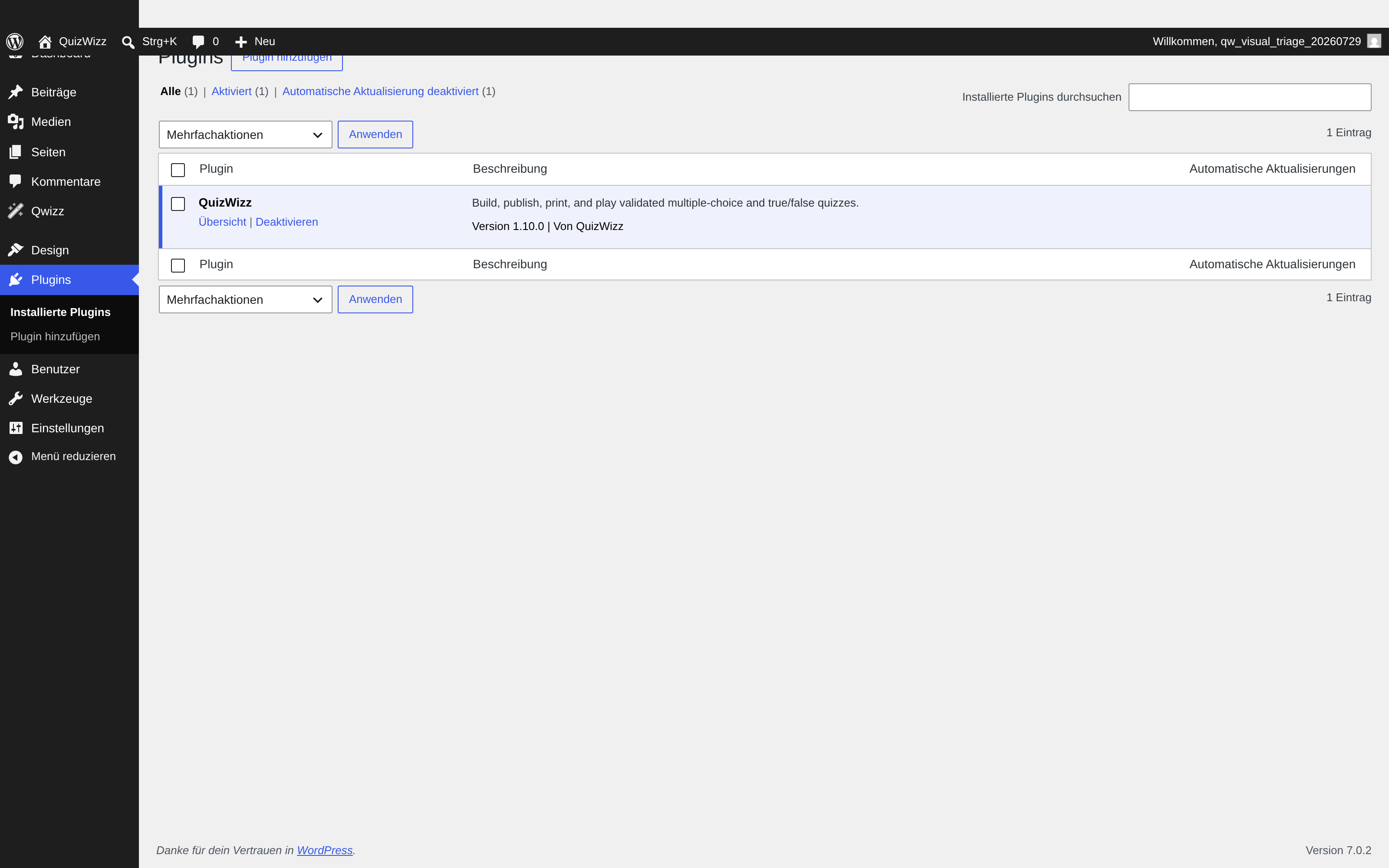 Plugins list with QuizWizz active