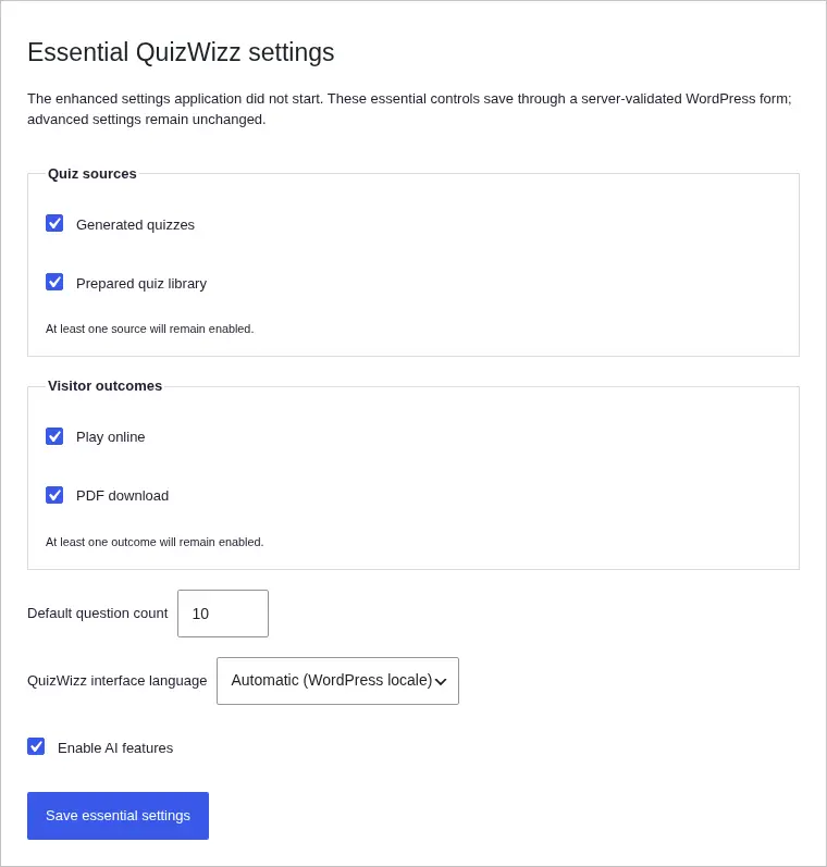 Server-rendered Settings fallback with JavaScript disabled