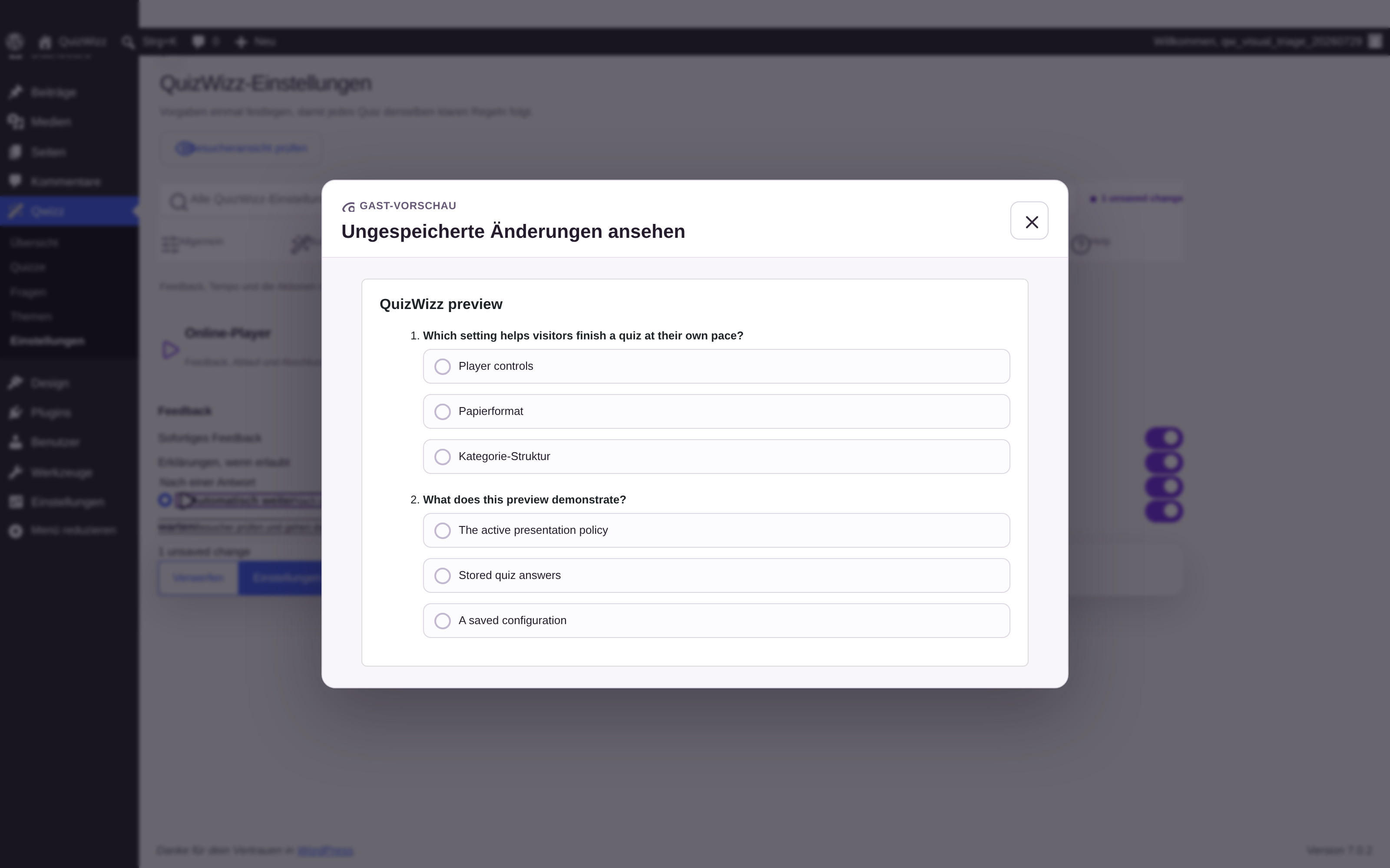 Centered guest preview with Player tab and server-owned sample questions