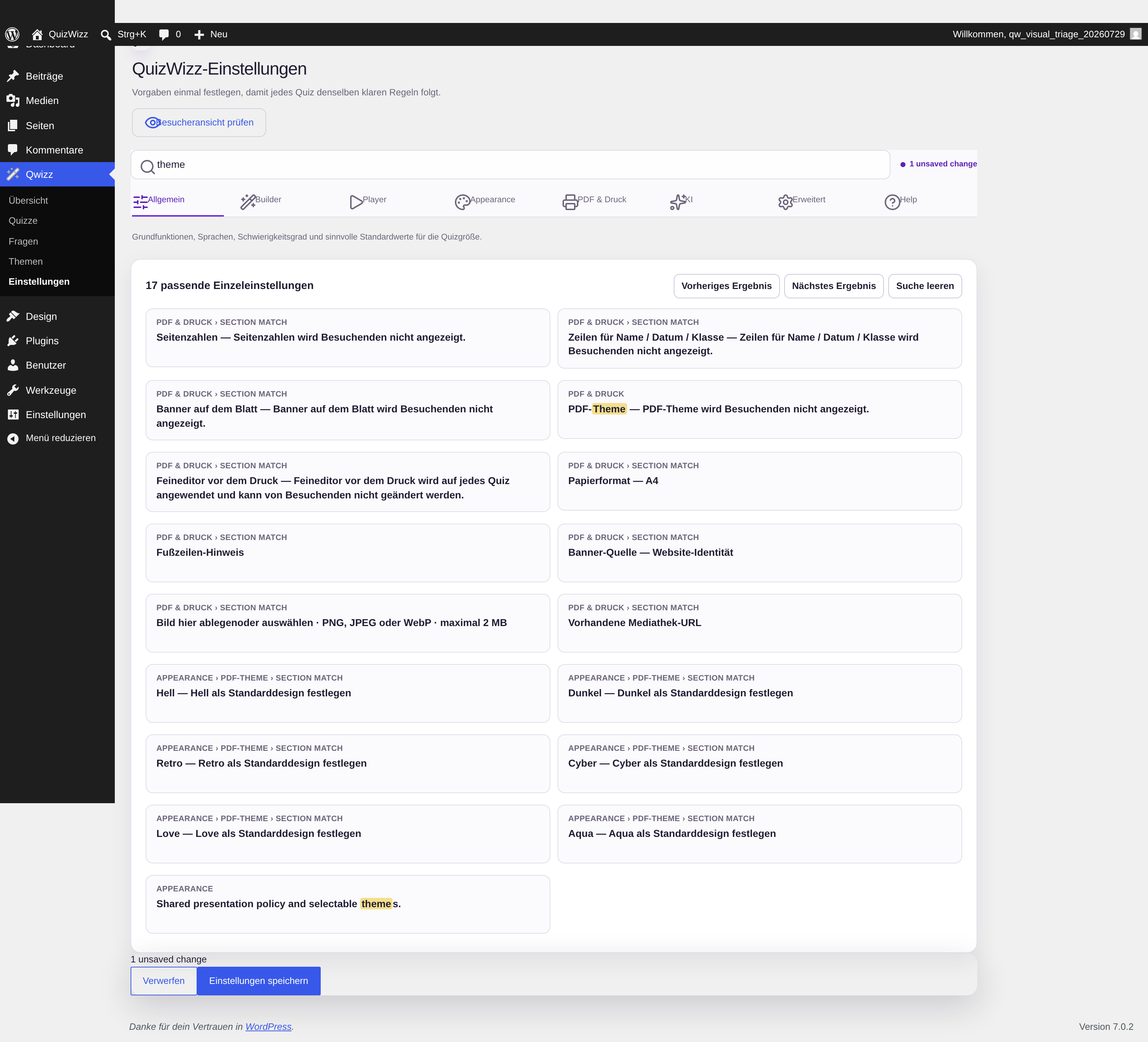 Search for “theme” with direct and labelled section-synonym results