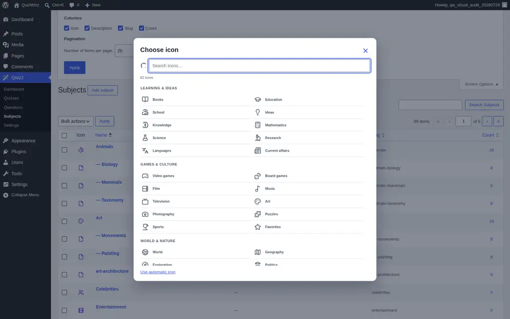 Subject icon picker with searchable 62-icon catalog
