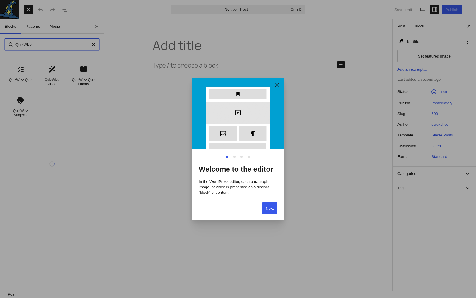 Block inserter β all four QuizWizz blocks under Widgets