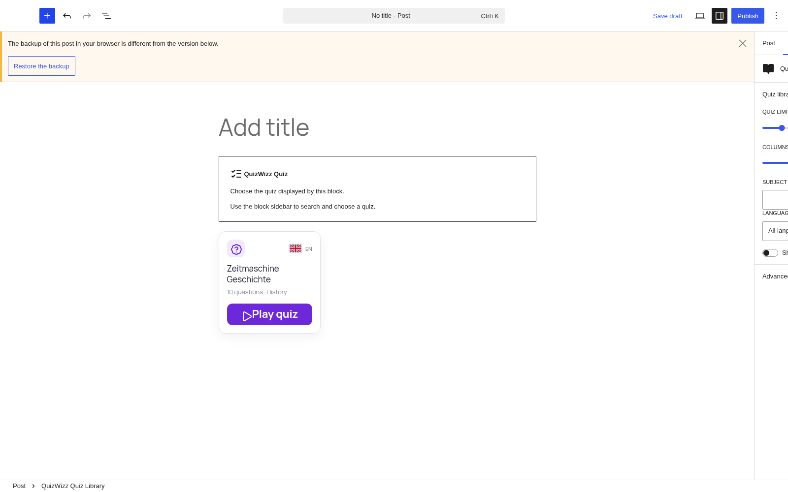 Quiz Library block inspector β Quiz library settings: limit, columns, subject, language and discovery