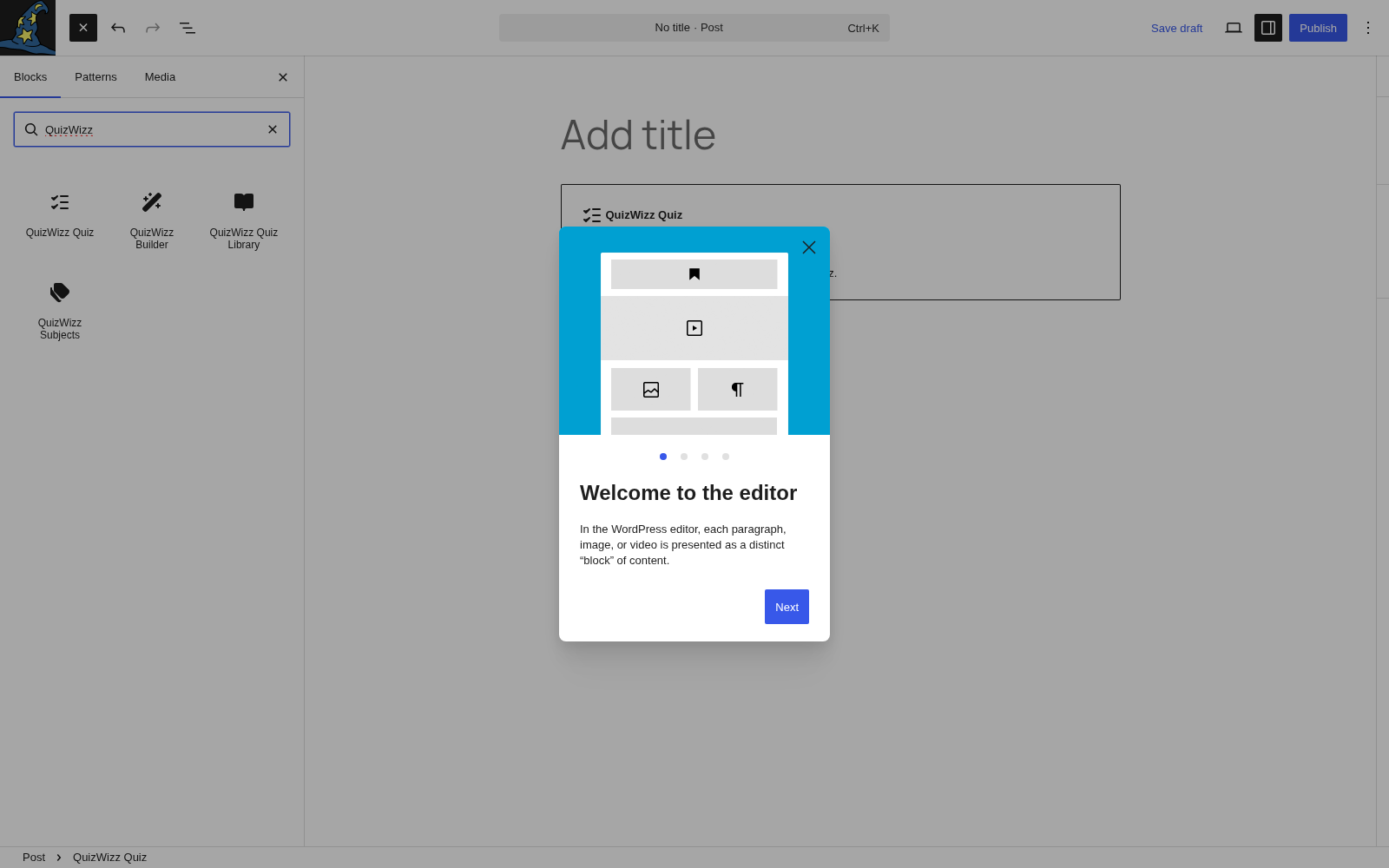 Quiz block inspector β Quiz settings panel and quiz combobox