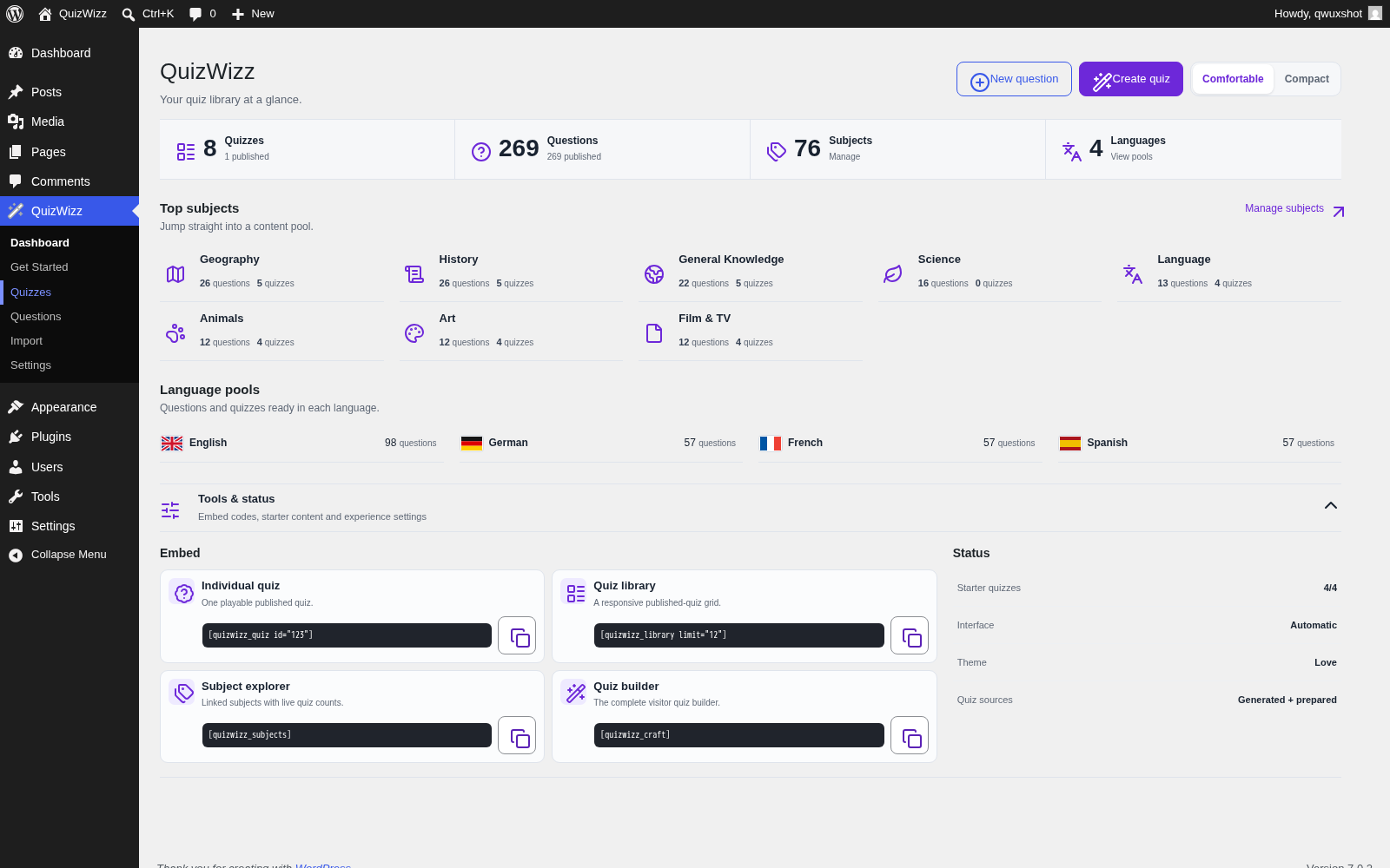 Dashboard β status cards, quick links and Tools & status