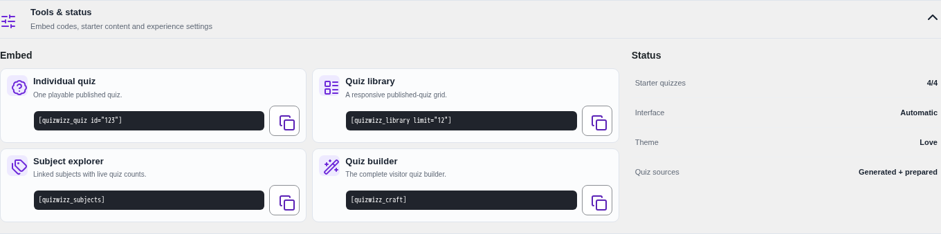 Dashboard β tools & status β Tools & status contents