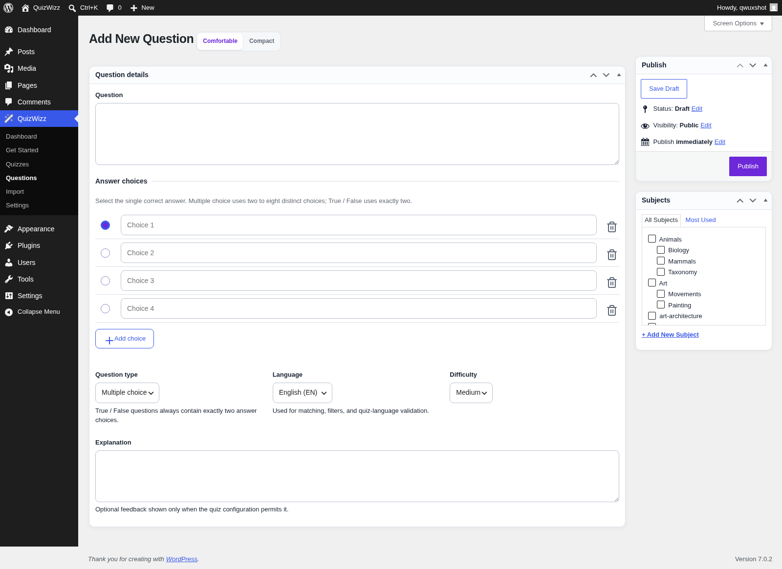 New question editor β empty Question details meta box