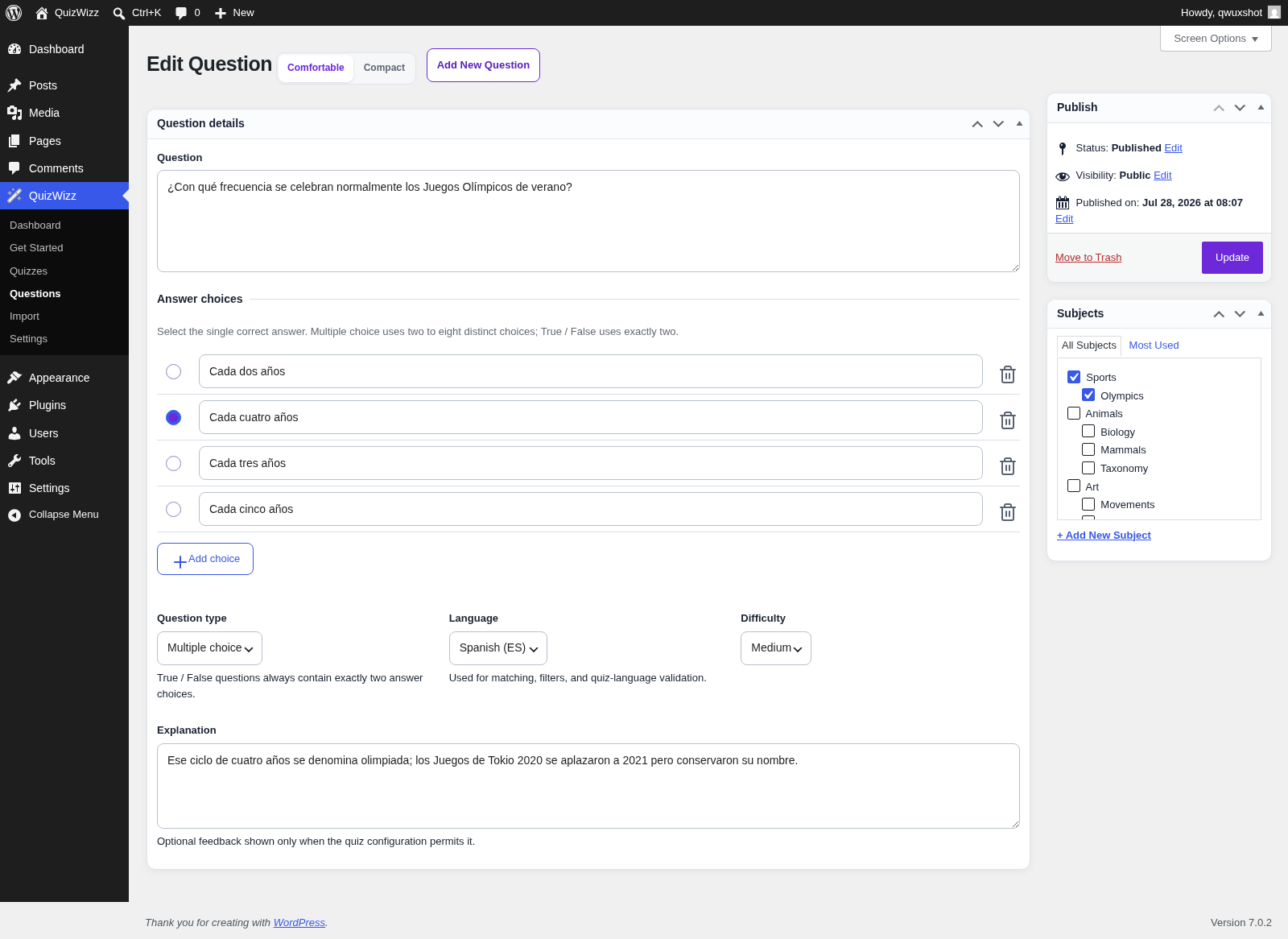 Question editor β Question details fields and subject sidebar