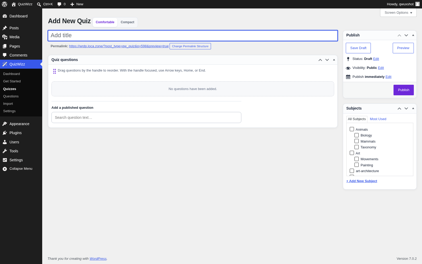 New quiz editor β empty Quiz questions meta box