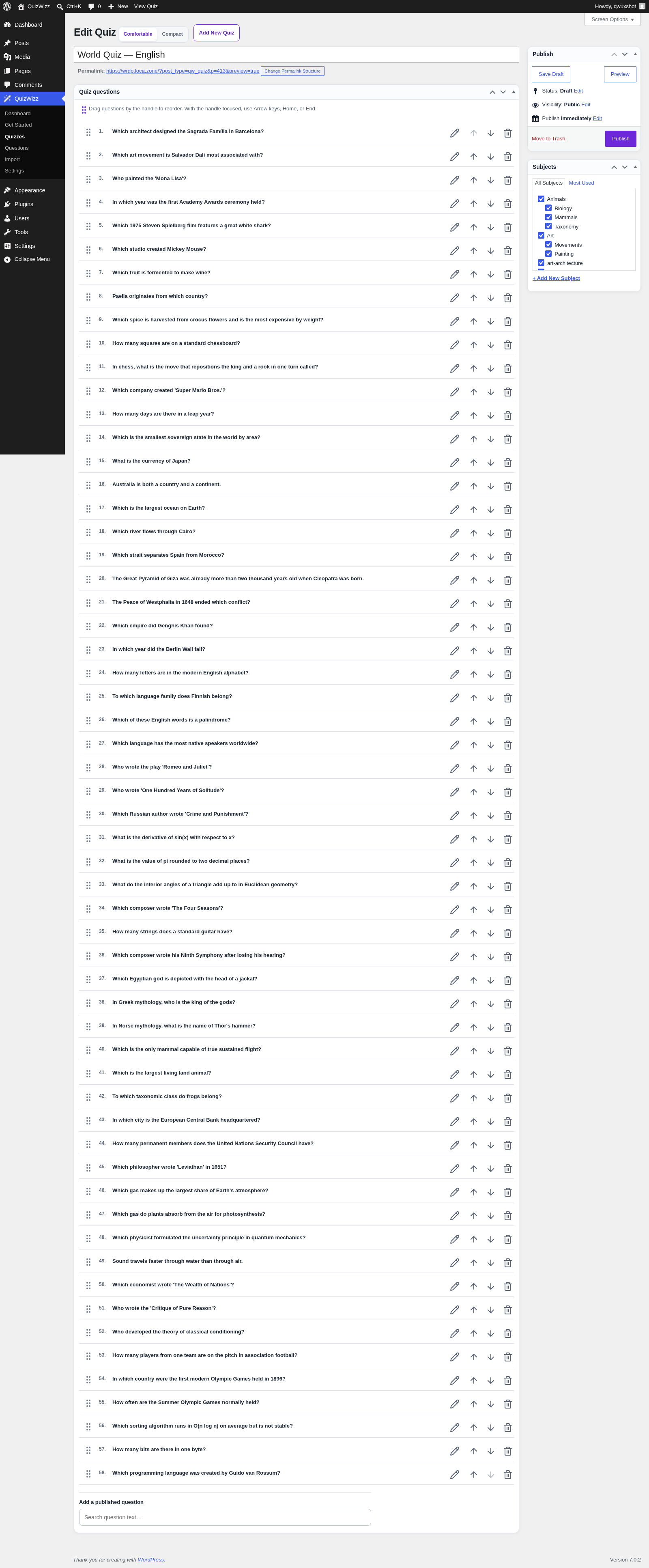 Quiz editor β Quiz questions meta box and linked question rows
