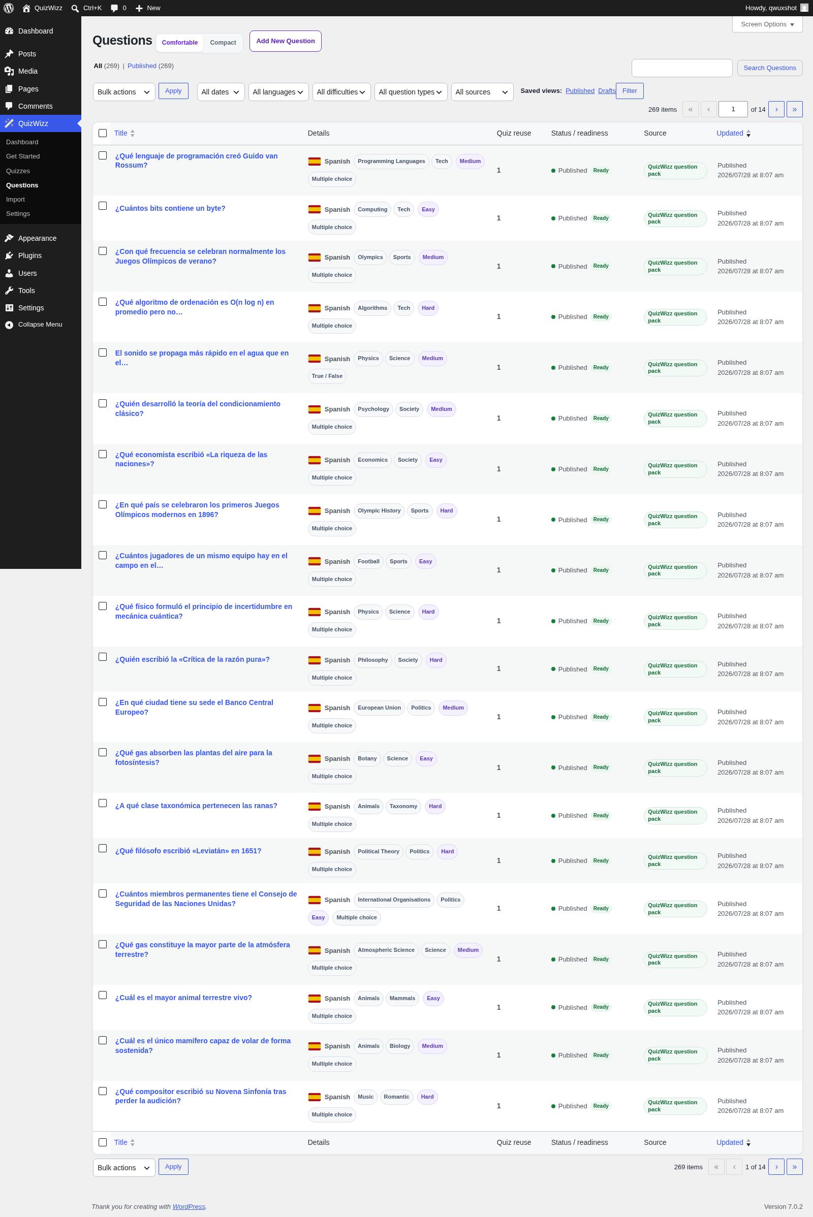Questions list β question columns, saved views and taxonomy filters