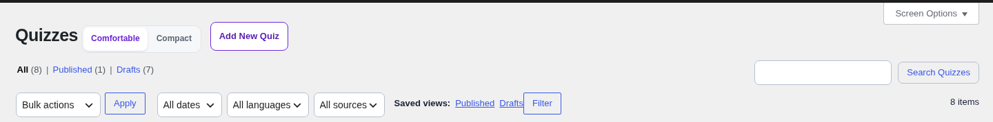 Quizzes list β filters β saved-view and top filter controls