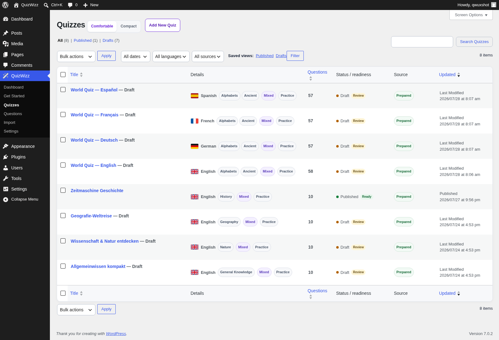 Quizzes list β custom Details, Questions, status-readiness and Source columns