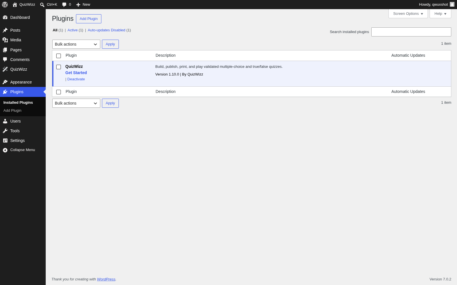 Plugins row β QuizWizz row action Get Started