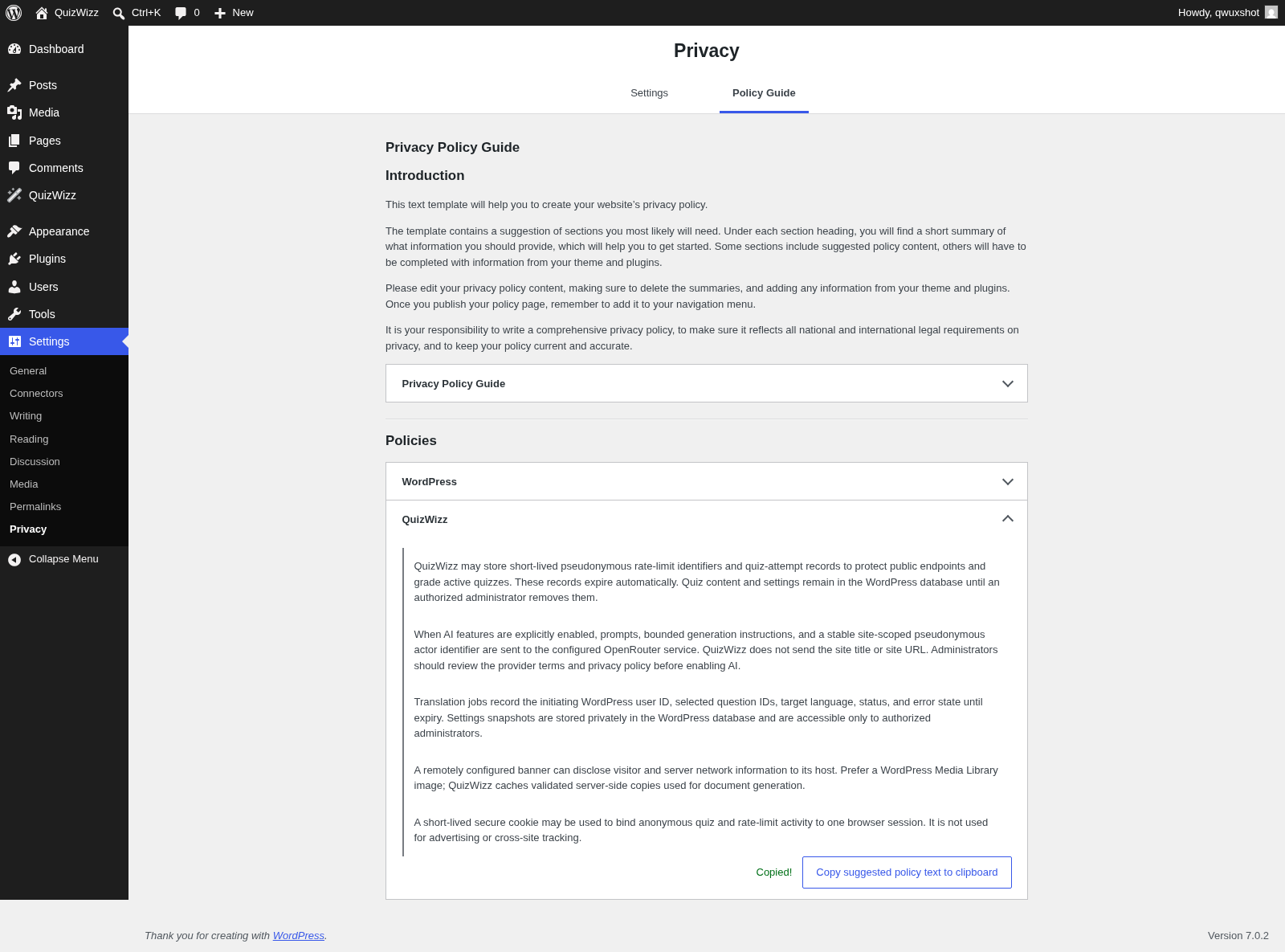 Privacy policy guide β QuizWizz suggested privacy text