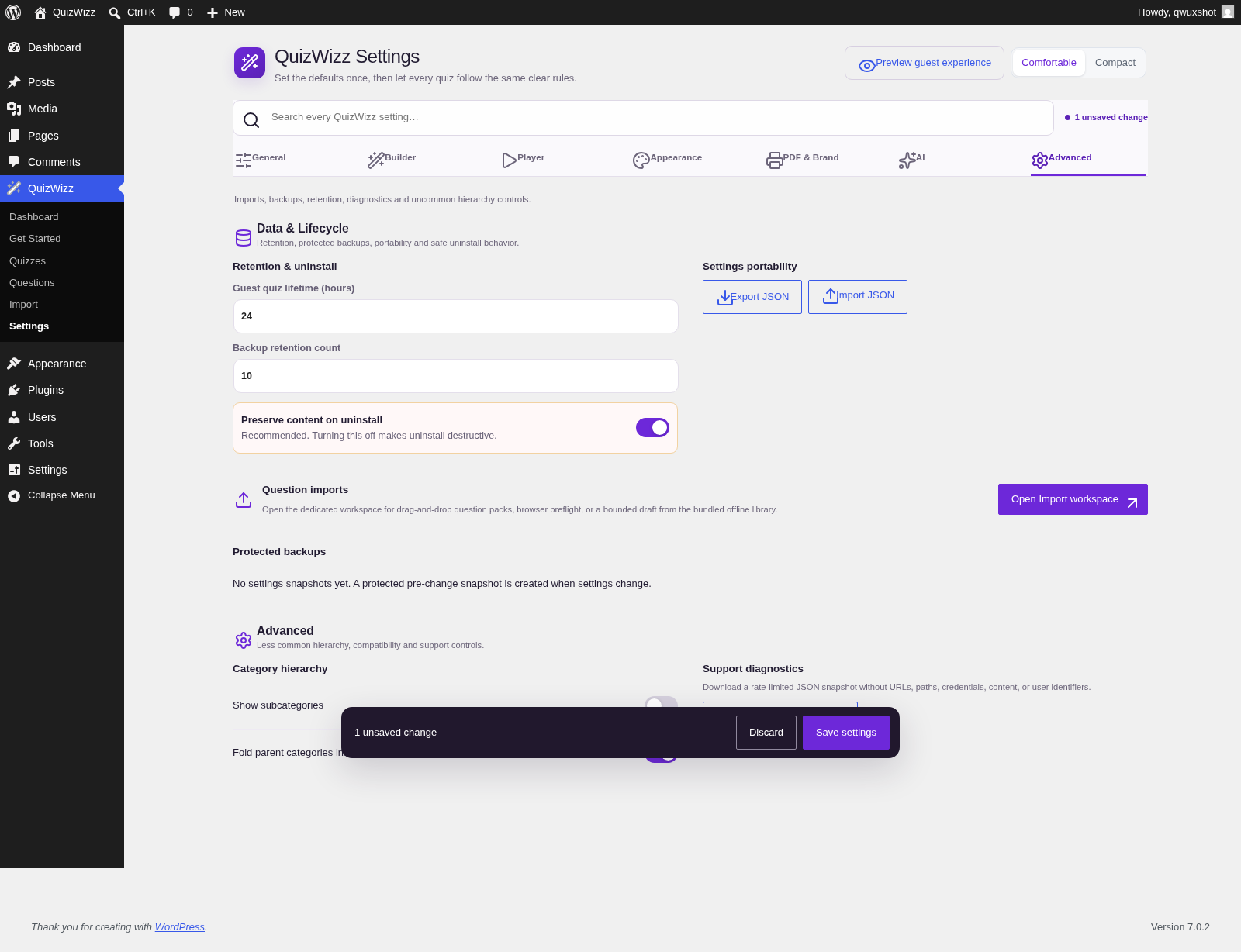 Settings β Advanced β retention, portability, imports, owner-scoped backups, hierarchy and diagnostics