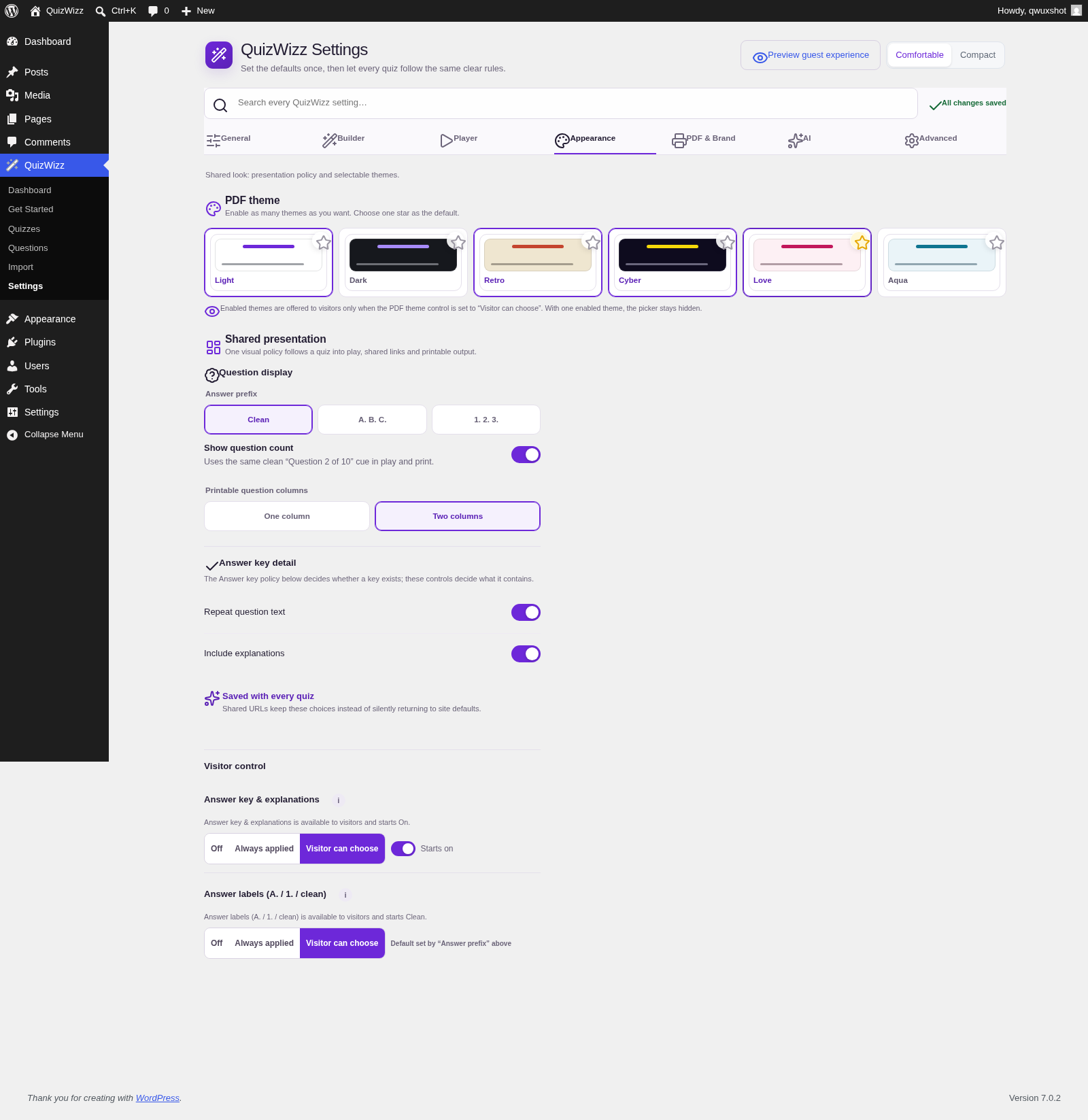Settings β Appearance β shared presentation controls and six PDF theme cards