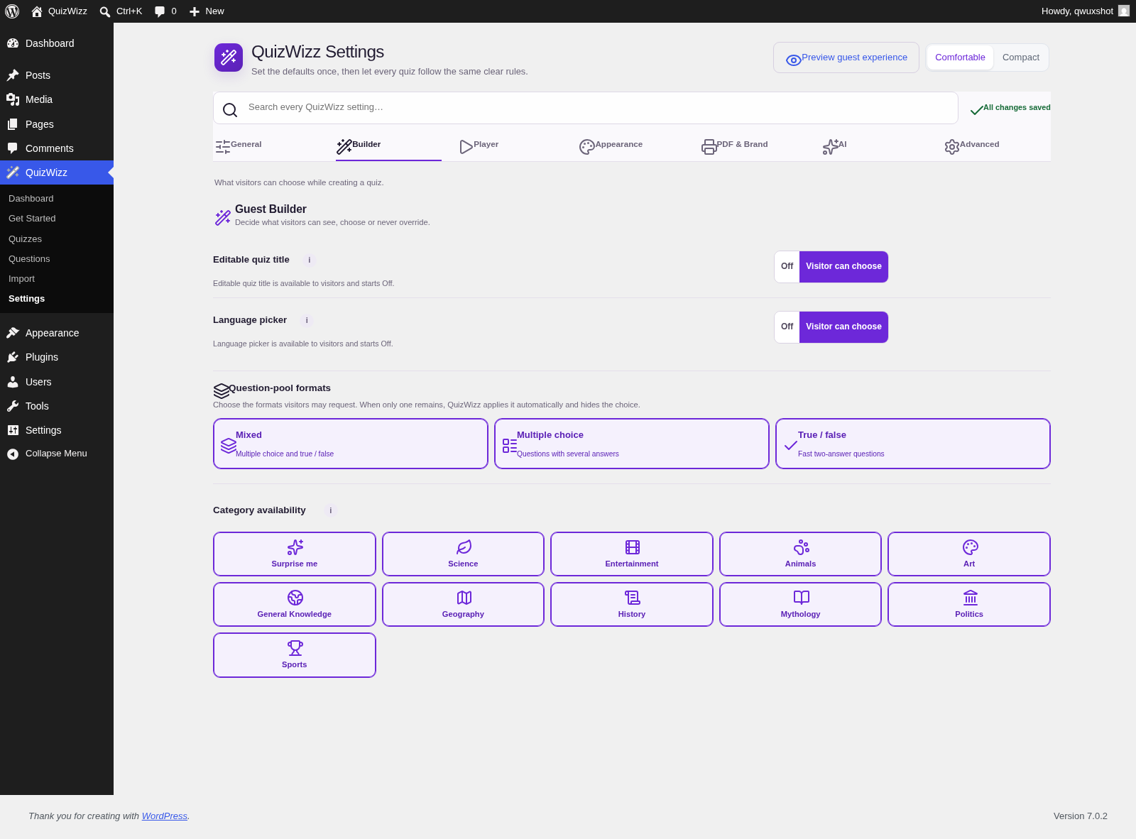Settings β Builder β Guest Builder matrix rows, question-pool formats and category availability
