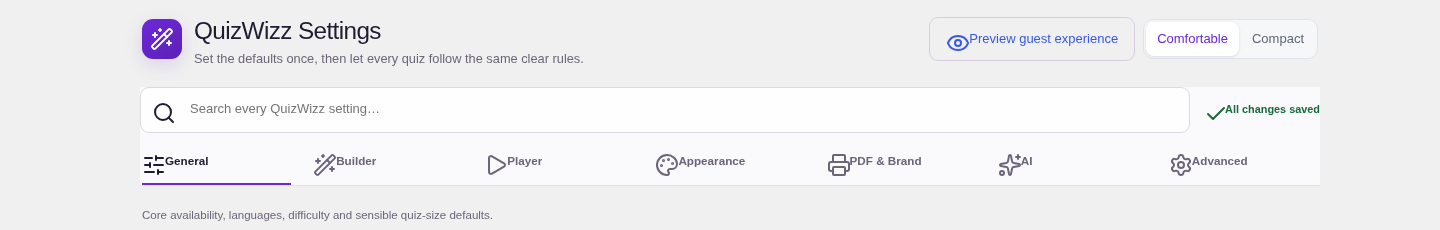 Settings chrome β search, workspace navigation and save-status chrome