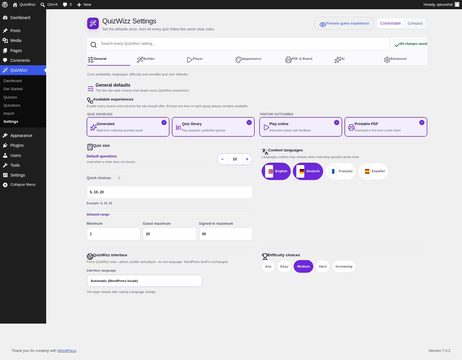 Settings β General β Available experiences, Quiz size, Content languages, interface and difficulties