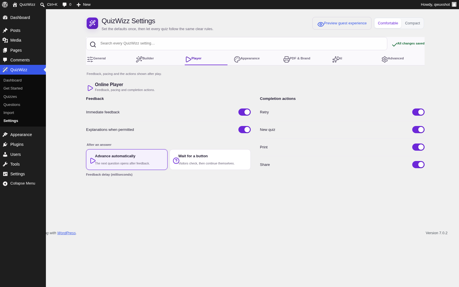 Settings β Player β feedback, completion actions and automatic-delay field