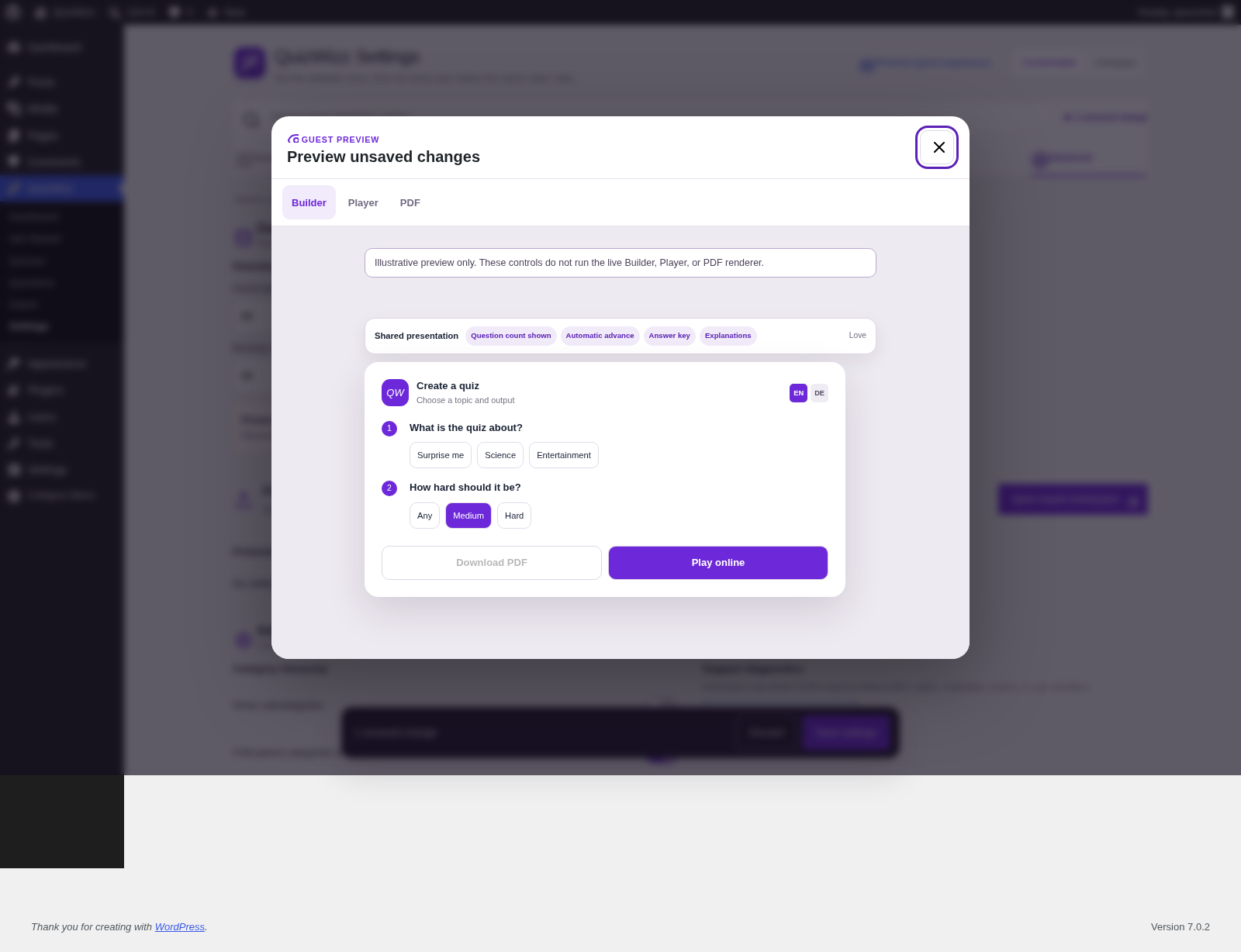 Settings β preview β modal and Builder / Player / PDF tabs