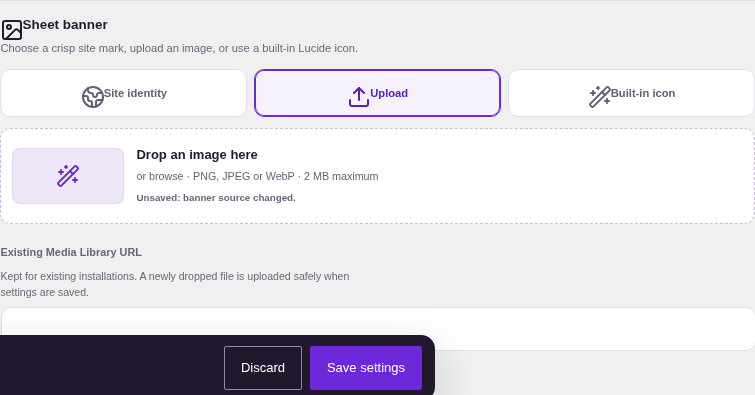 Settings β banner: upload β upload banner panel and validation affordance