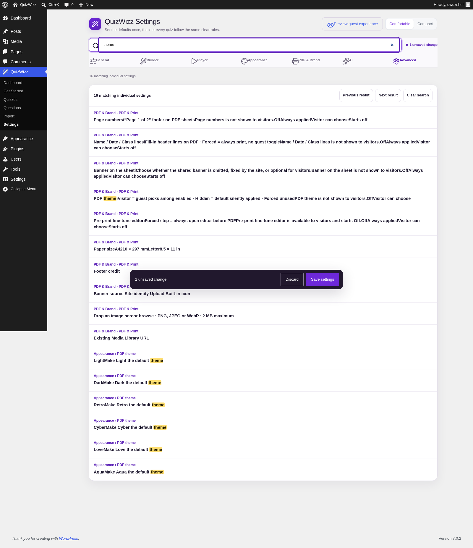 Settings β search β search-result list and workspace breadcrumbs