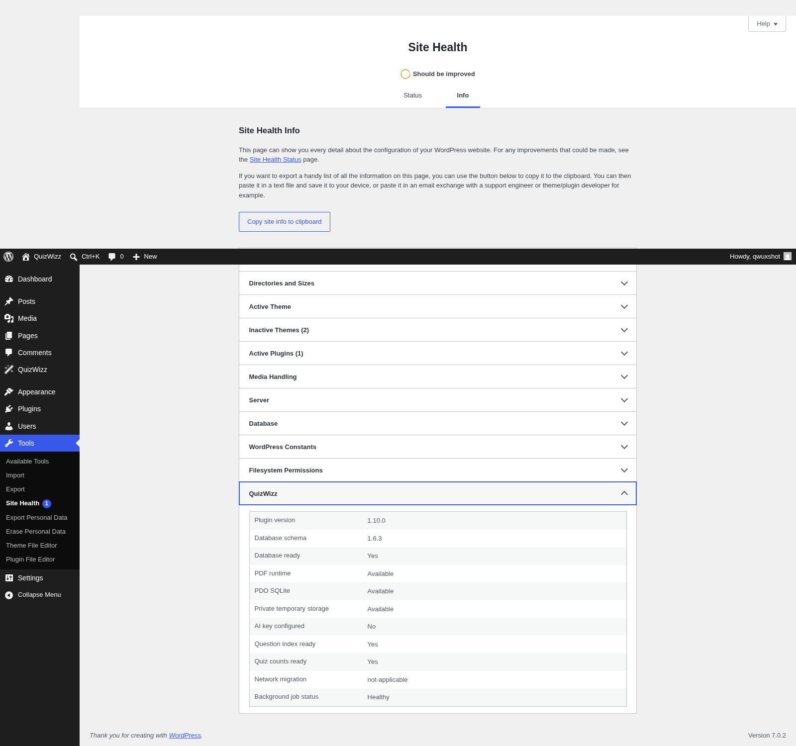 Site Health debug β QuizWizz debug-information panel