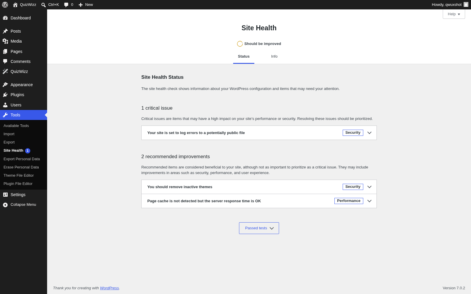 Site Health tests β QuizWizz database-schema and PDF-runtime tests