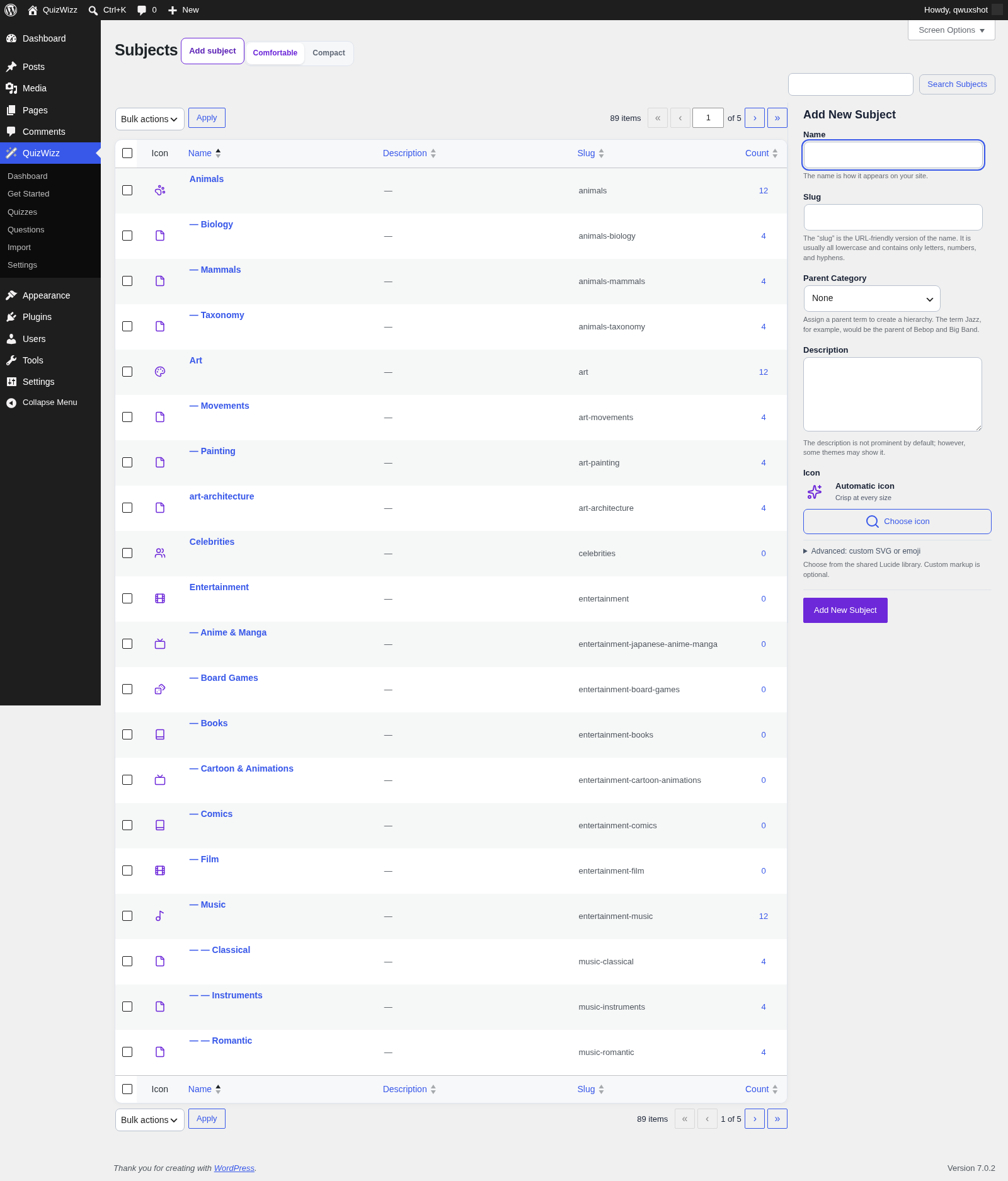 Subjects β add form β expanded create form