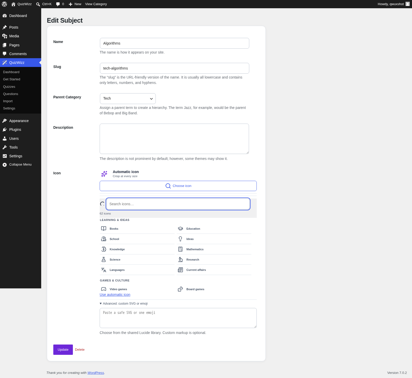 Subjects — icon picker — icon choices and advanced SVG / emoji details