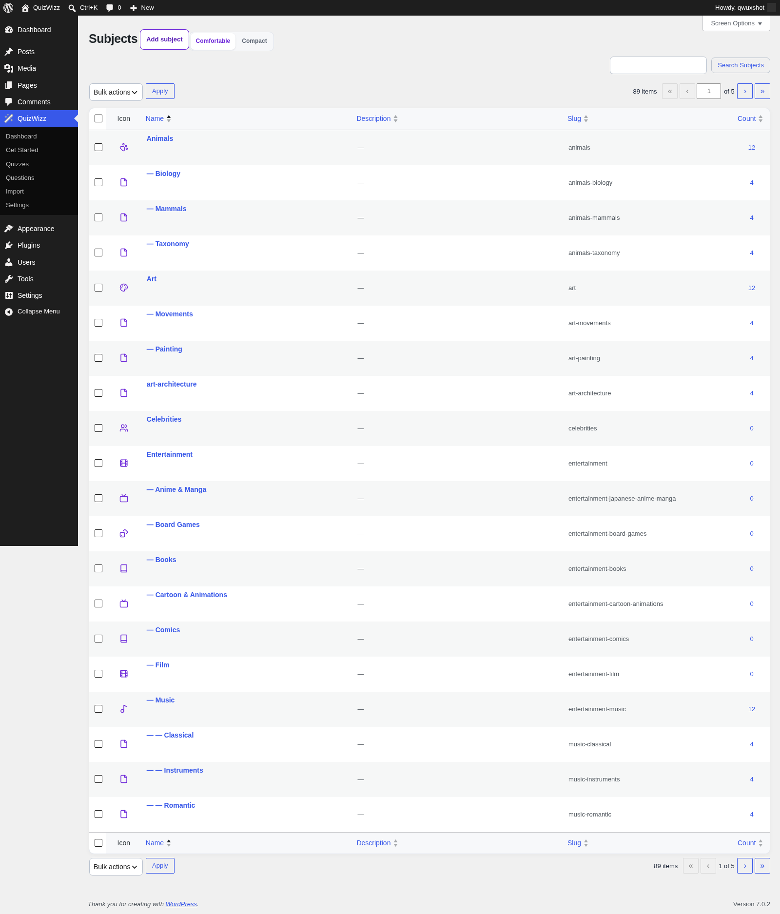 Subjects list β subject rows and qwizz_icon column