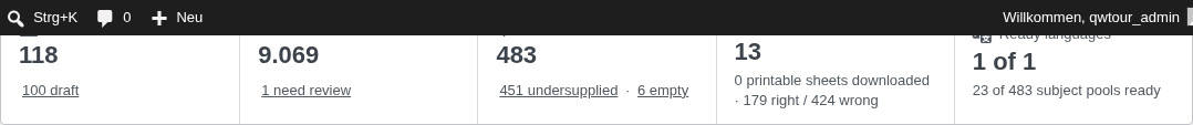 Quiz list stats rail: 118 quizzes, 9,069 questions, 483 subjects, 13 plays, 1/1 languages
