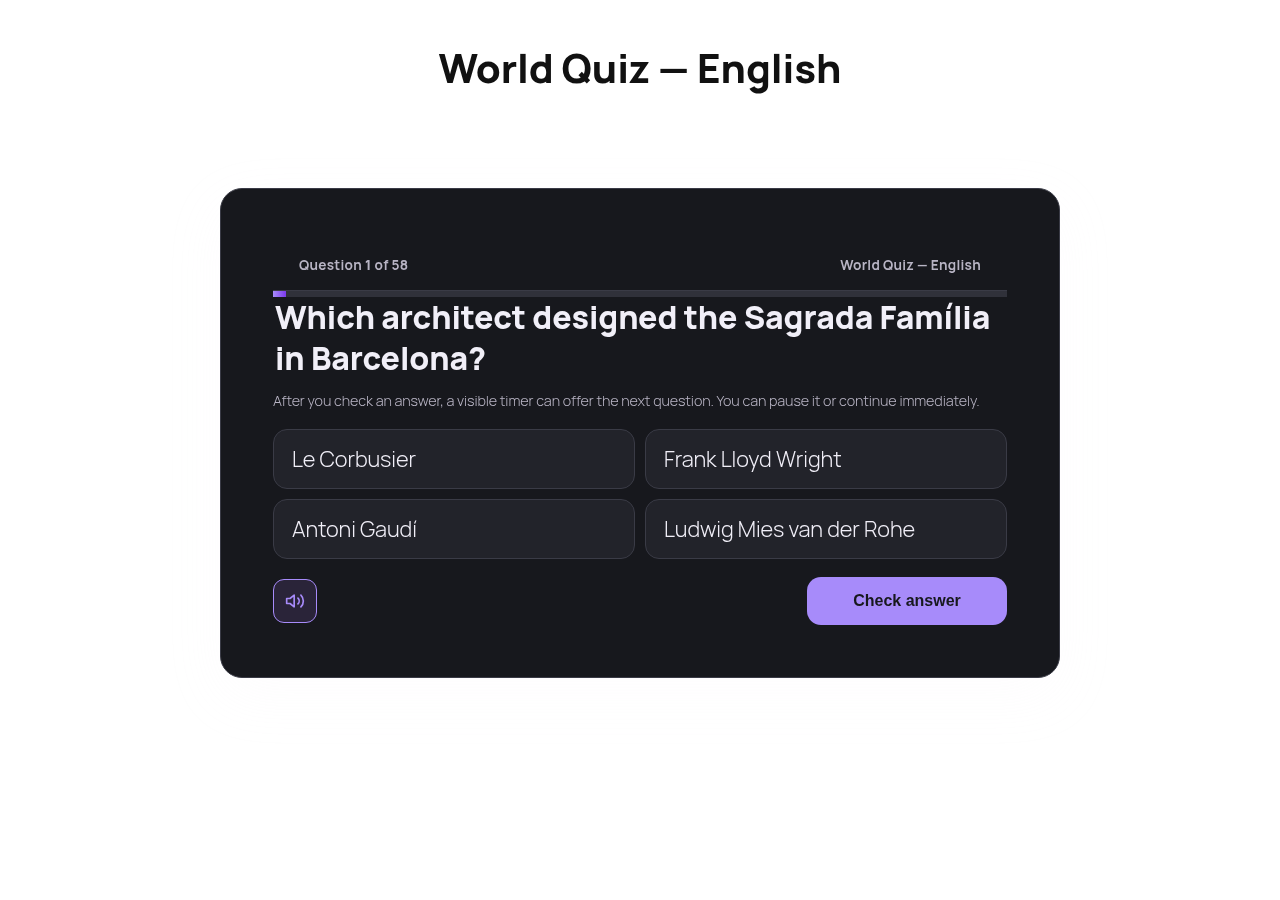 Desktop single-quiz full page: 'World Quiz — English', dark player card, Q1 of 58