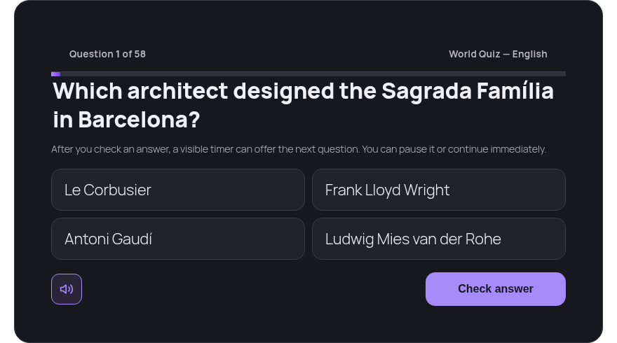 Player mount: progress bar, Q1 architect question, 4 answer choices, Check answer button.