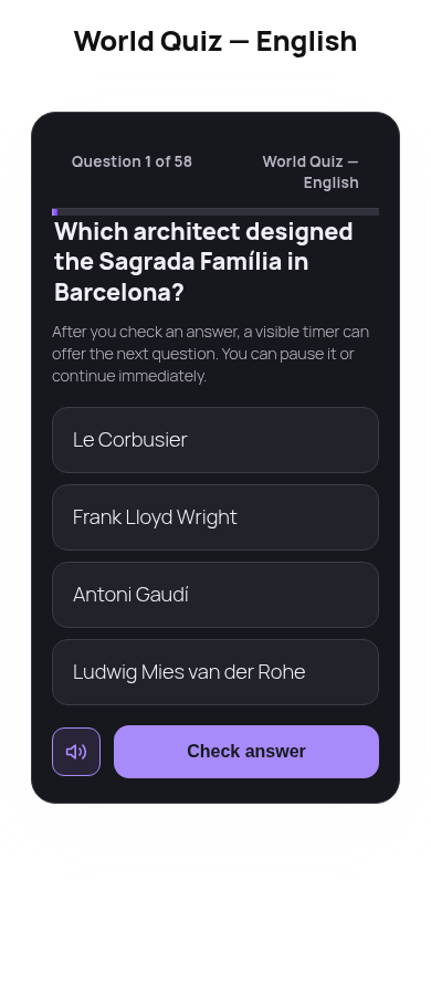 Mobile 390px full-page player card, stacked answer options, no overflow