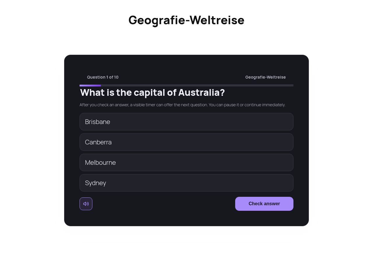 Themed quiz 'Geografie-Weltreise' desktop full page: Q1/10, 4 answers, Check button