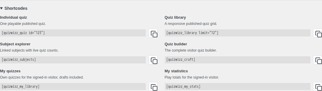 Dashboard Shortcodes disclosure expanded, showing a grid of the registered shortcode tags.