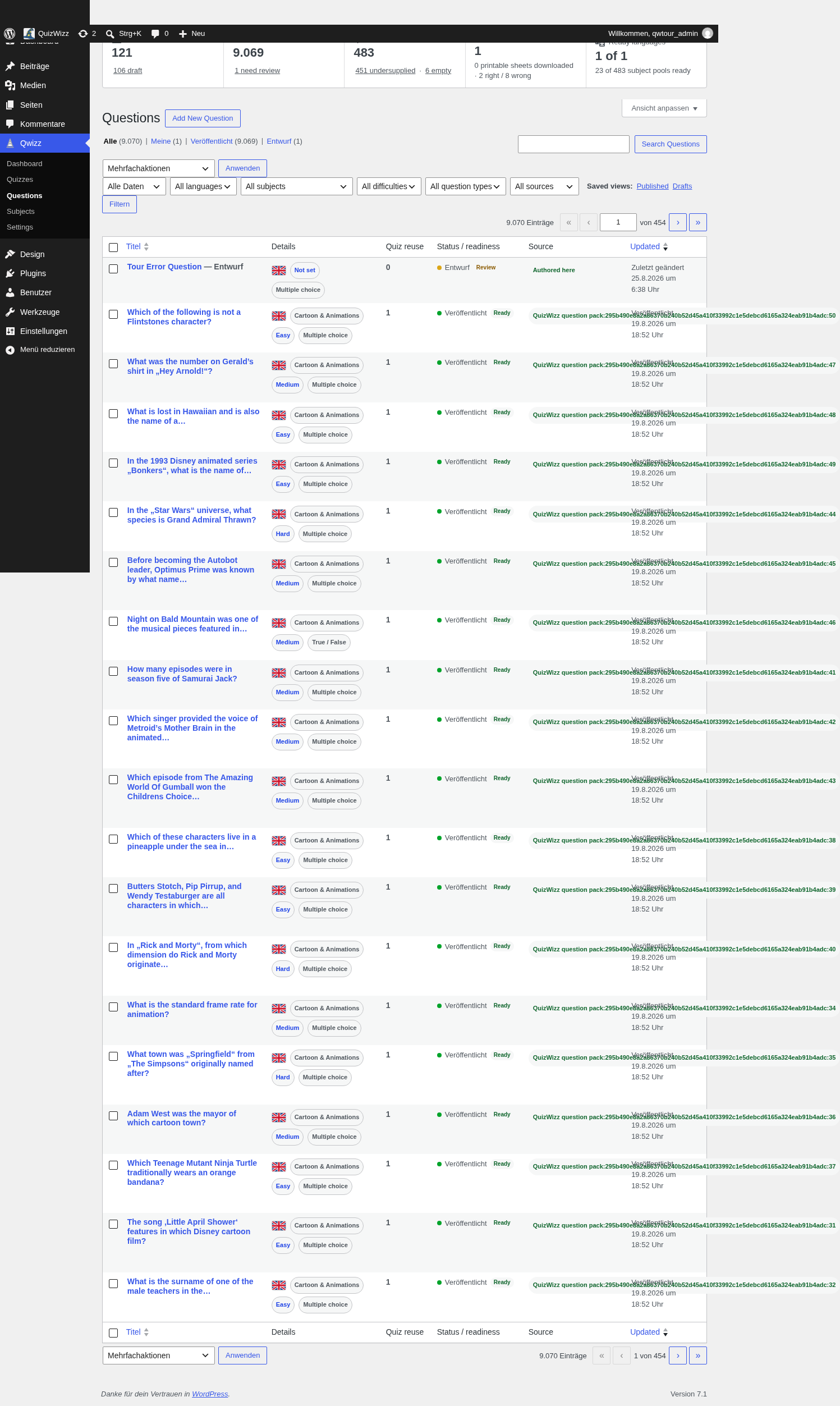 Question list full page: a long 64-hex source badge running through the Updated column on nearly every row.