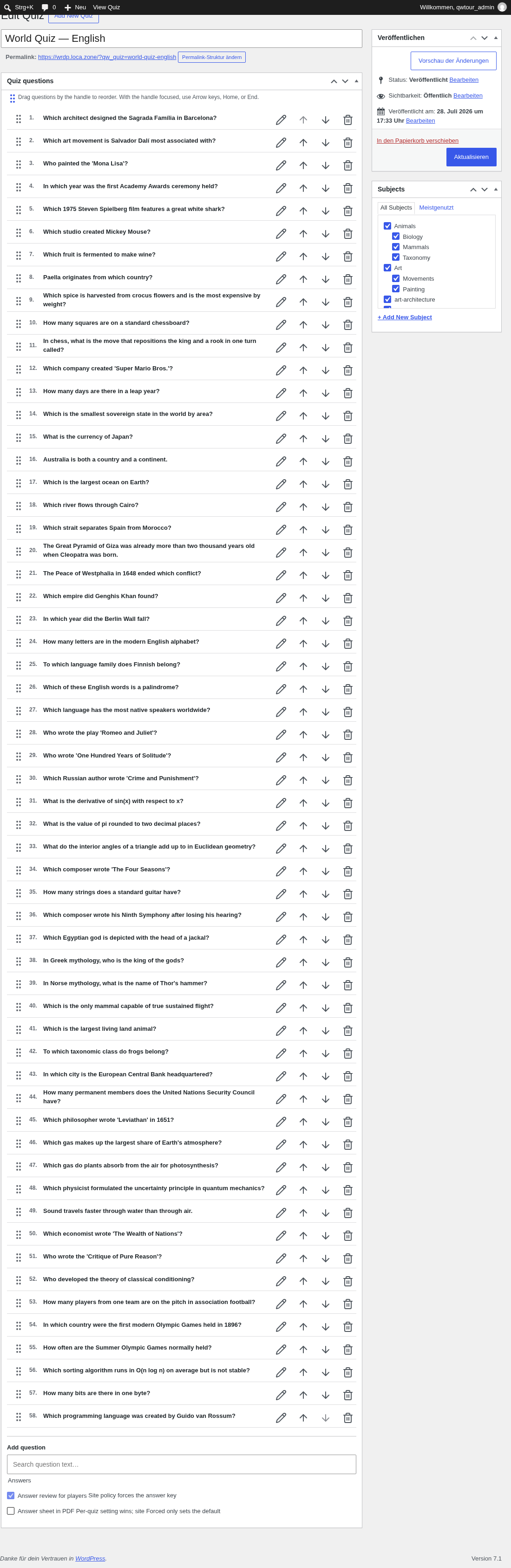 Full quiz-editor column: title field, permalink, the long question metabox, and a right column holding only Publish and Subjects. No statistics rail anywhere.