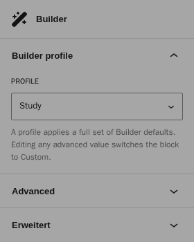 Block inspector sidebar for the builder block: a Builder profile panel, then an English Advanced heading directly above a German Erweitert heading.