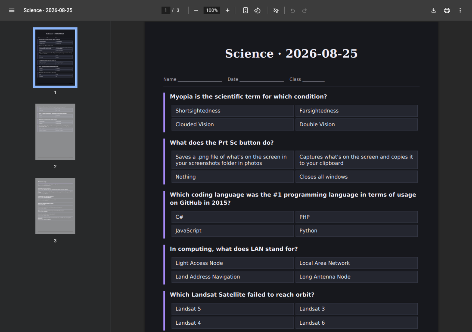 Browser PDF viewer showing a generated three-page worksheet headed Science and the date, with its first question visible.