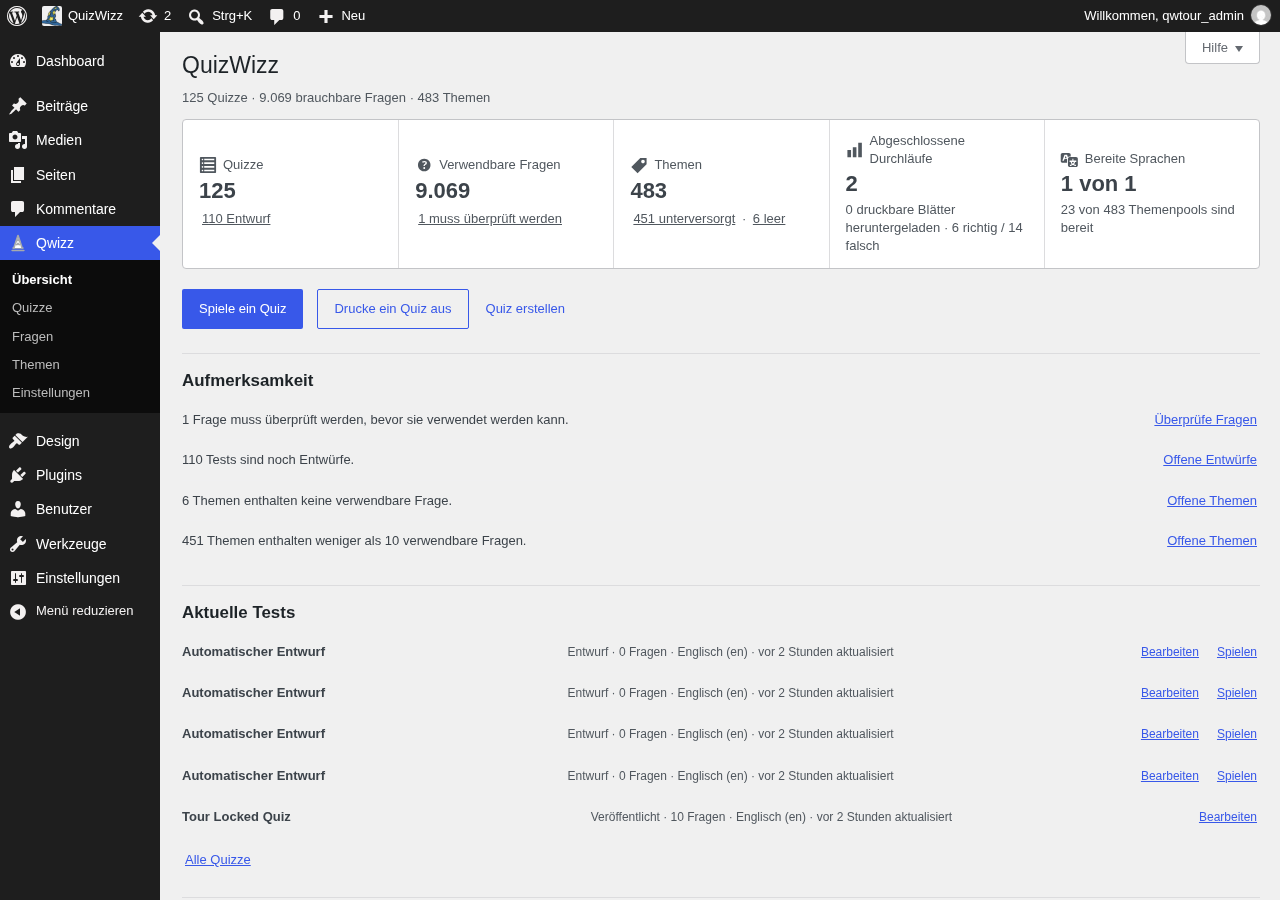 The dashboard under the German interface variant: German stat tiles, and a Recent quizzes panel whose rows read Automatischer Entwurf with zero questions.